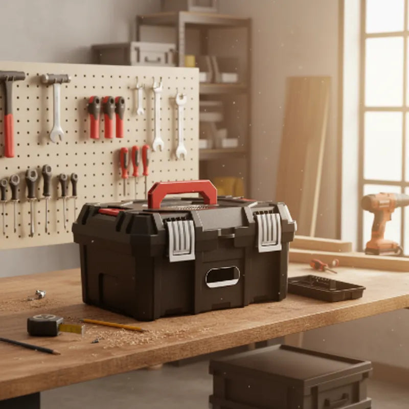 Caisse à outils couvert ferme sur établi