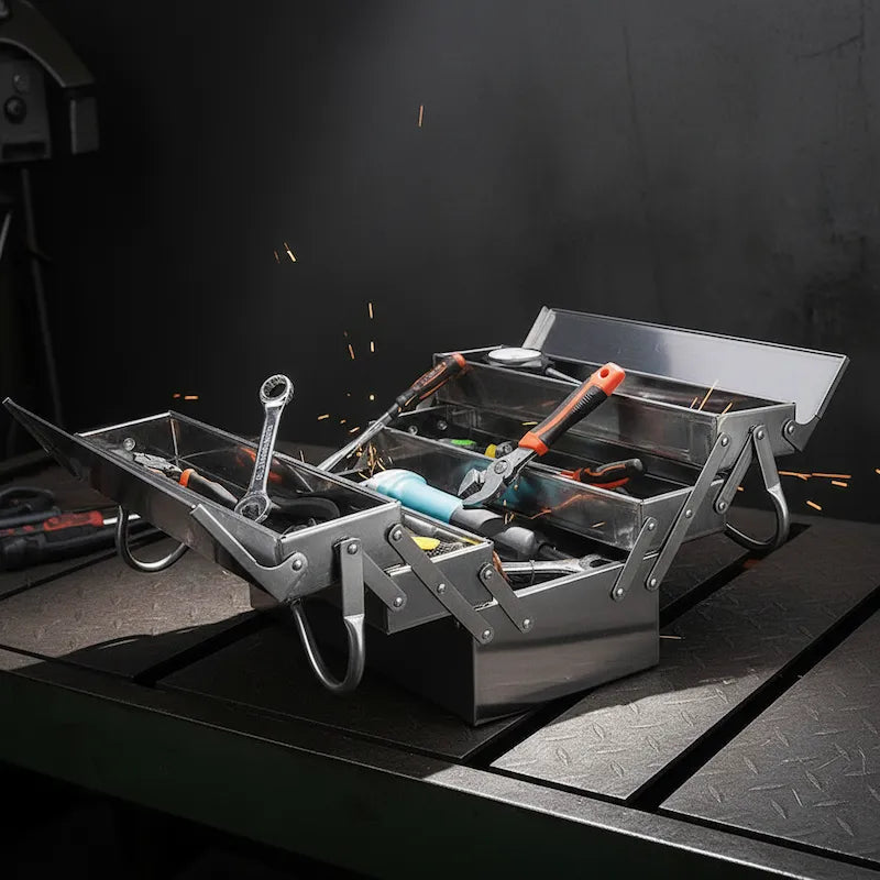 CAISSE A OUTILS EN METAL | 5 plateaux acier inoxydable