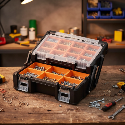 caisse a outils organise pour vis sur établi