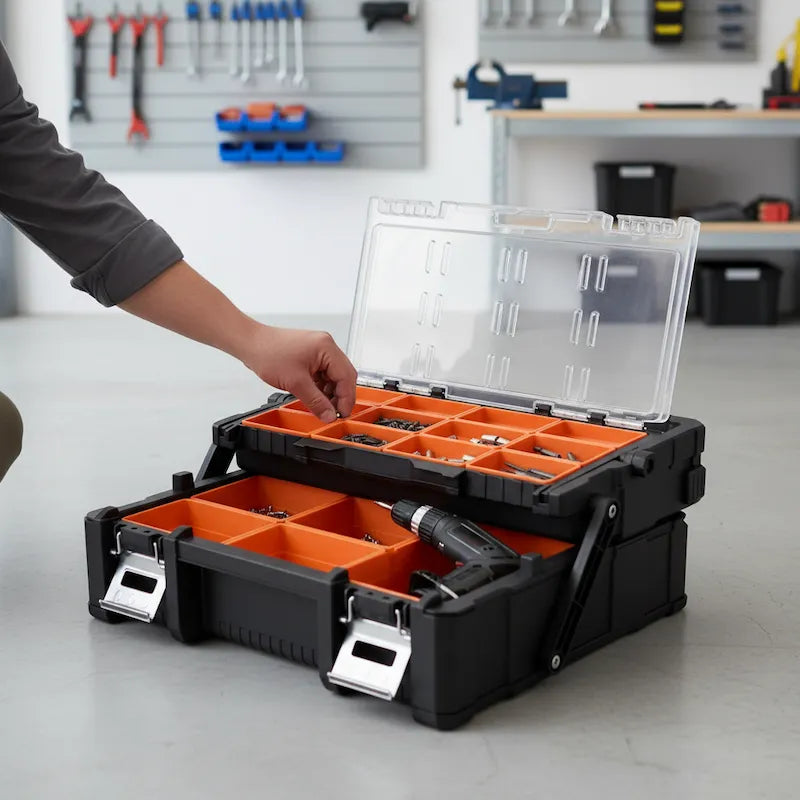 Caisse a outils plastique organise pour vis sur établi