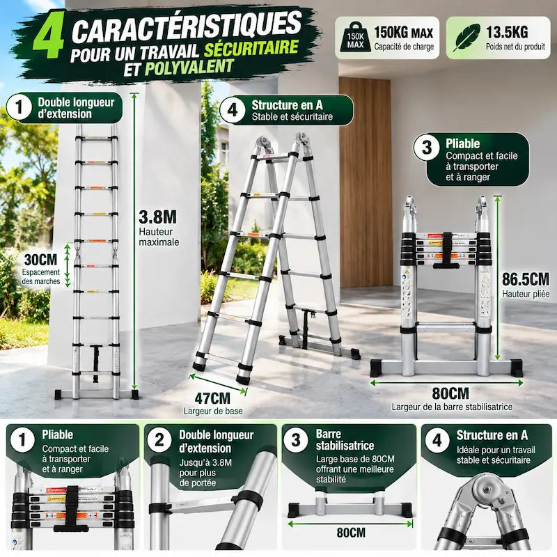 Caractéristique echelle telescopique polyvalente sécuritaire