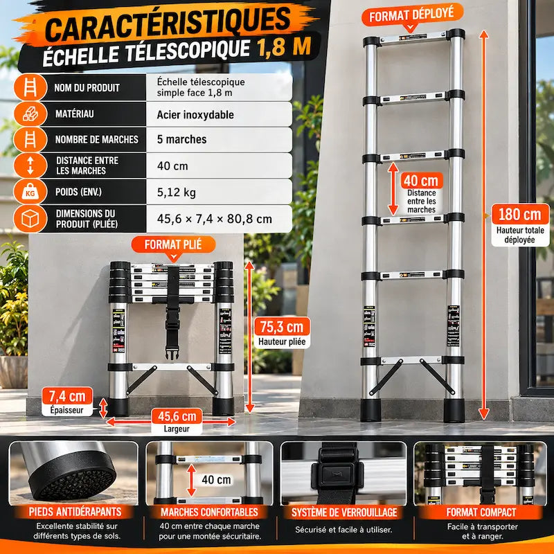 Caractéristiques echelle telescopique 5 marches