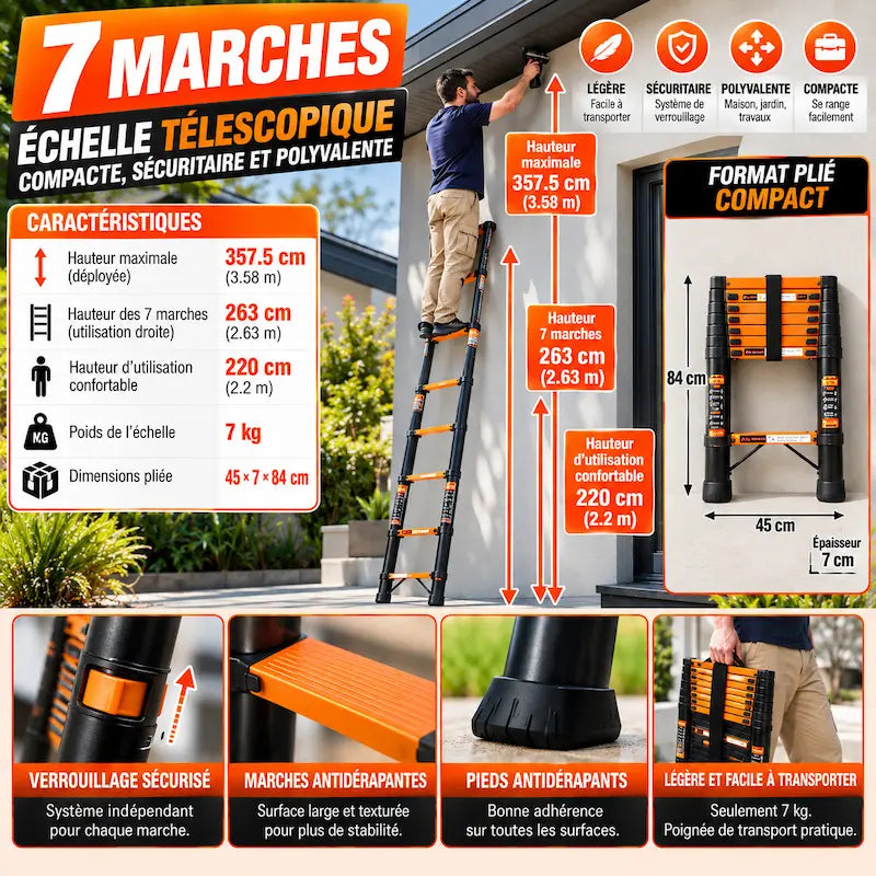 Caractéristiques echelle telescopique aluminium sept marches