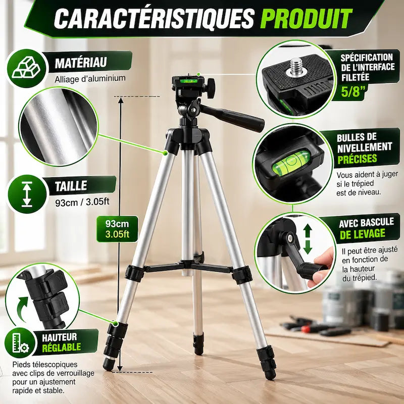 Caractéristiques trépied niveau laser aluminium