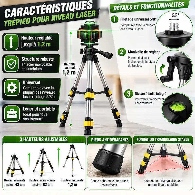 Caractéristiques trépied pour niveau laser ajustable
