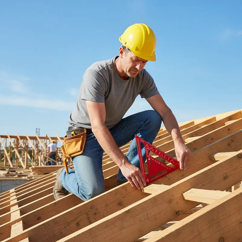 Charpentier construit charpente avec equerre a chevron de menuisier