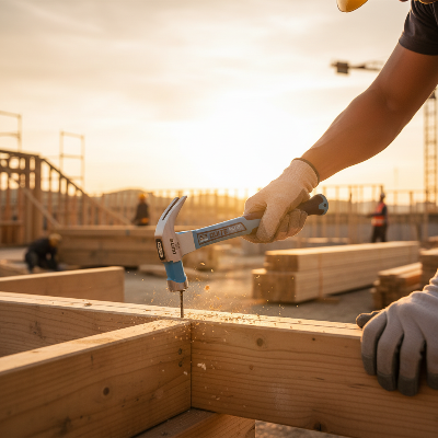 Charpentier utilise marteaux sur chantier