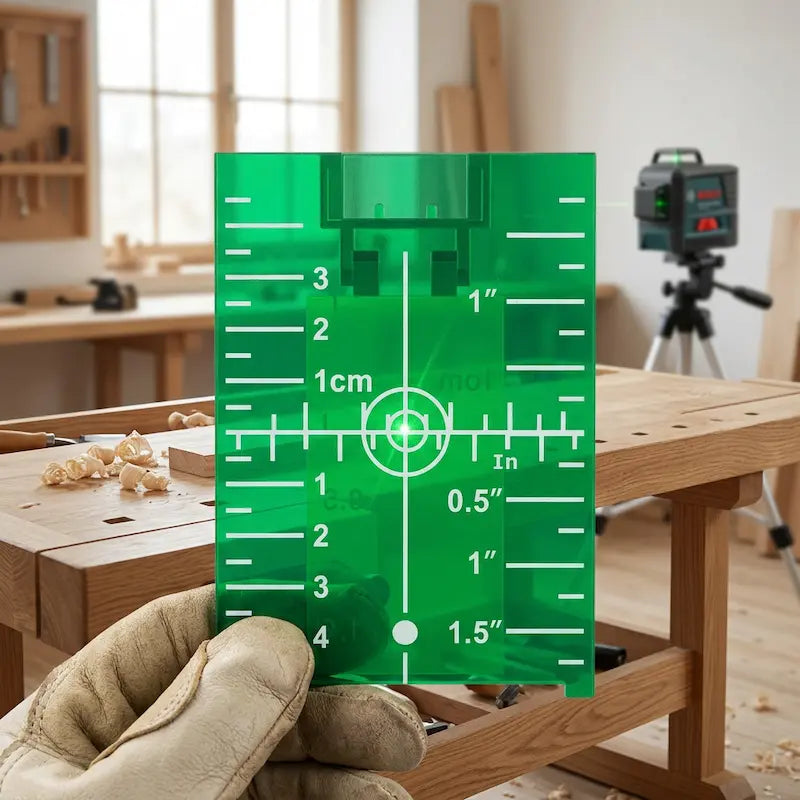Cible niveau laser 360 verte dans atelier menuiserie