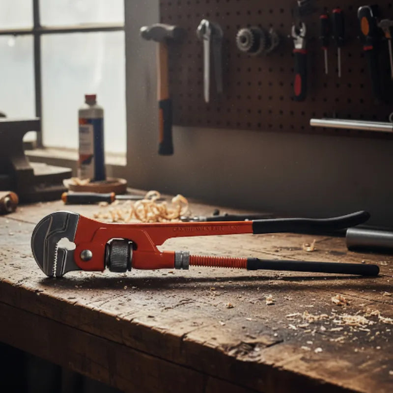 Clé à griffe grande taille sur établi bois atelier