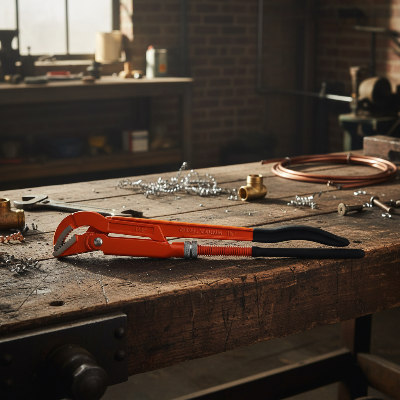Clé à griffe sur établi bois atelier bricoleur