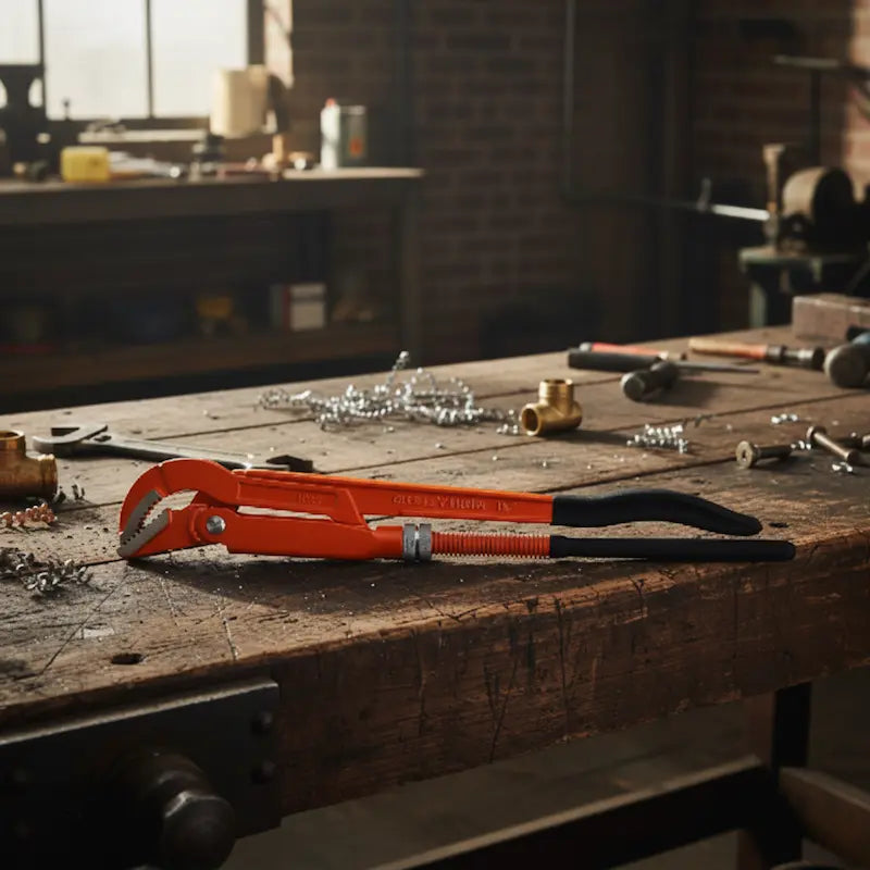 Clé à griffe sur établi bois atelier bricoleur