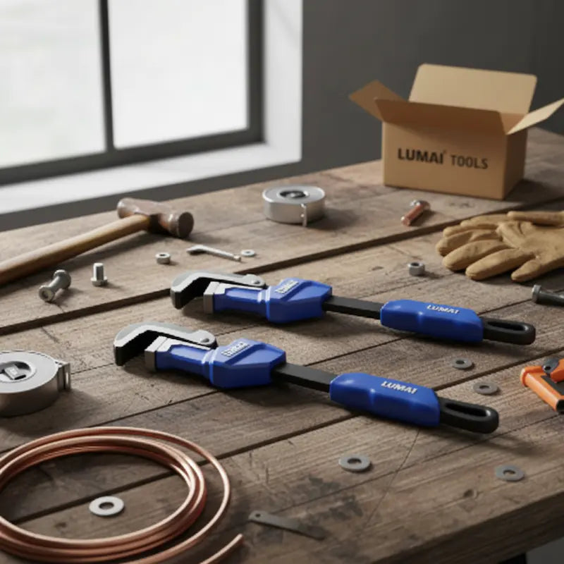 clé à griffe sur établi en bois dans atelier
