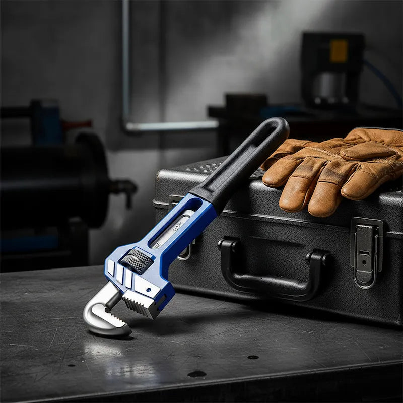 Clé à griffe sur établi pose sur caisse outils