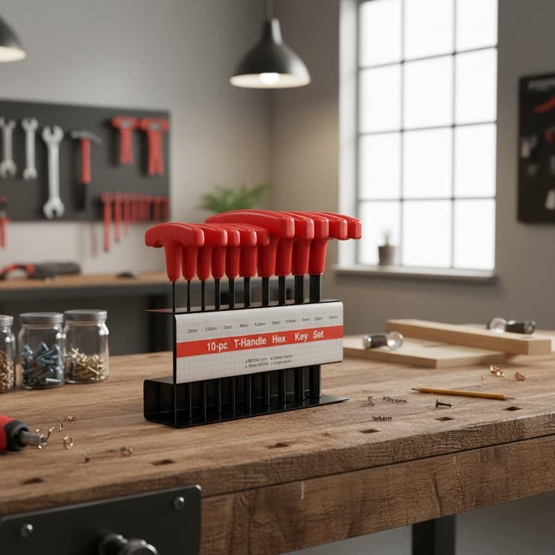 Clé allen en T rouge sur établi de bois atelier