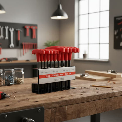 Clé allen en T rouge sur établi de bois atelier