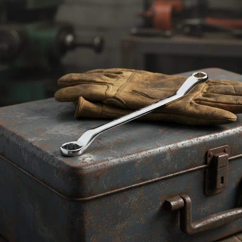 clé plate coudée sur caisse outils