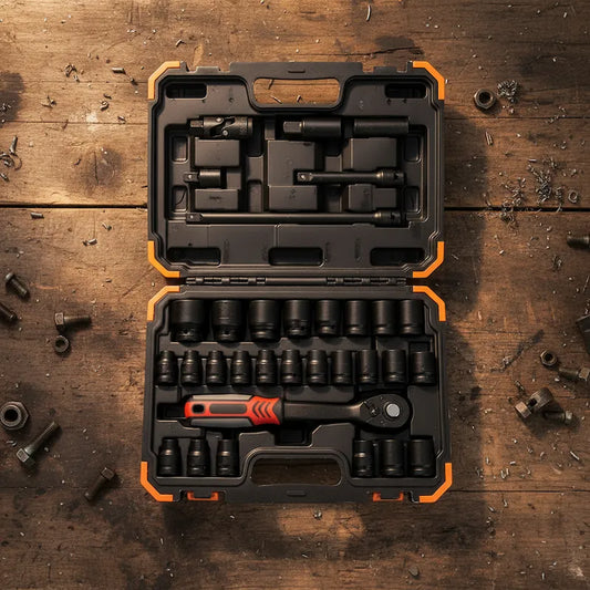Coffret à douilles sur établi bois antique