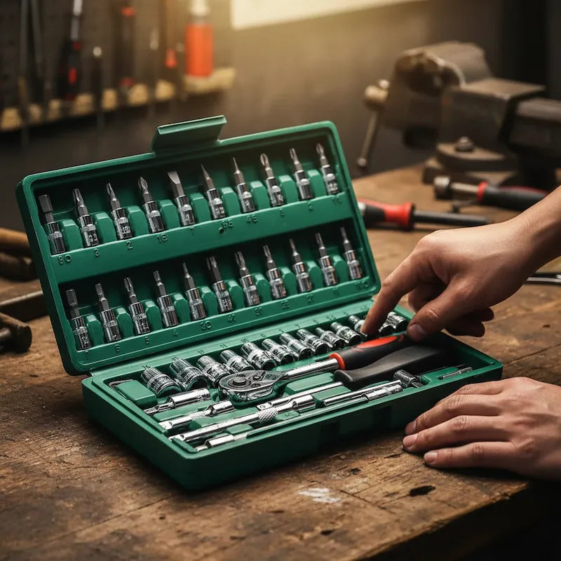Coffret cles a douille boitier vert sur établi