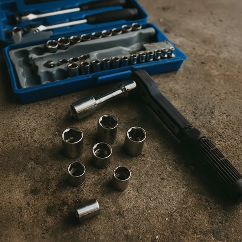 Coffret cles a douille entouré de douilles sur plancher béton