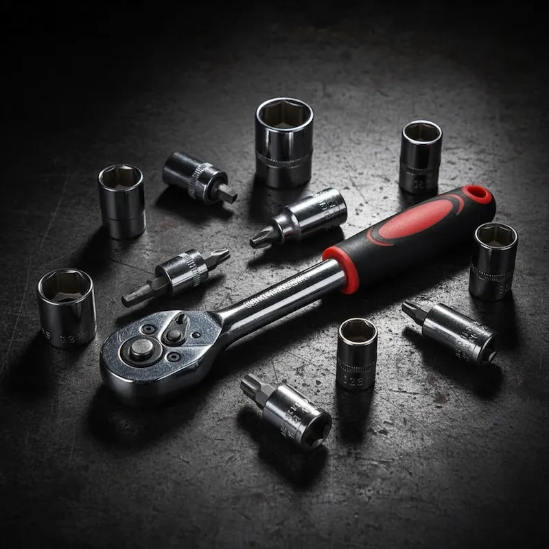 Coffret cles a douille étalées sur plancher béton