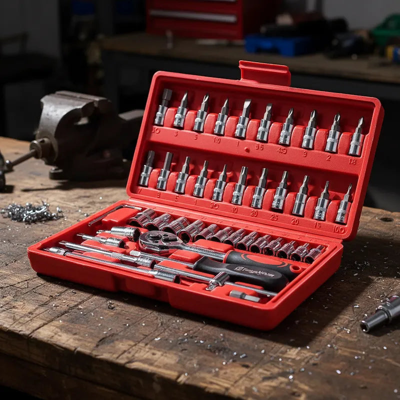 Coffret cles a douille sur établi bois