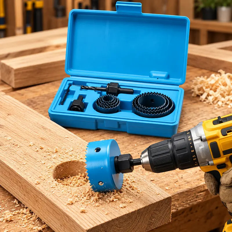 Coffret scie cloche bleu en action sur une planche
