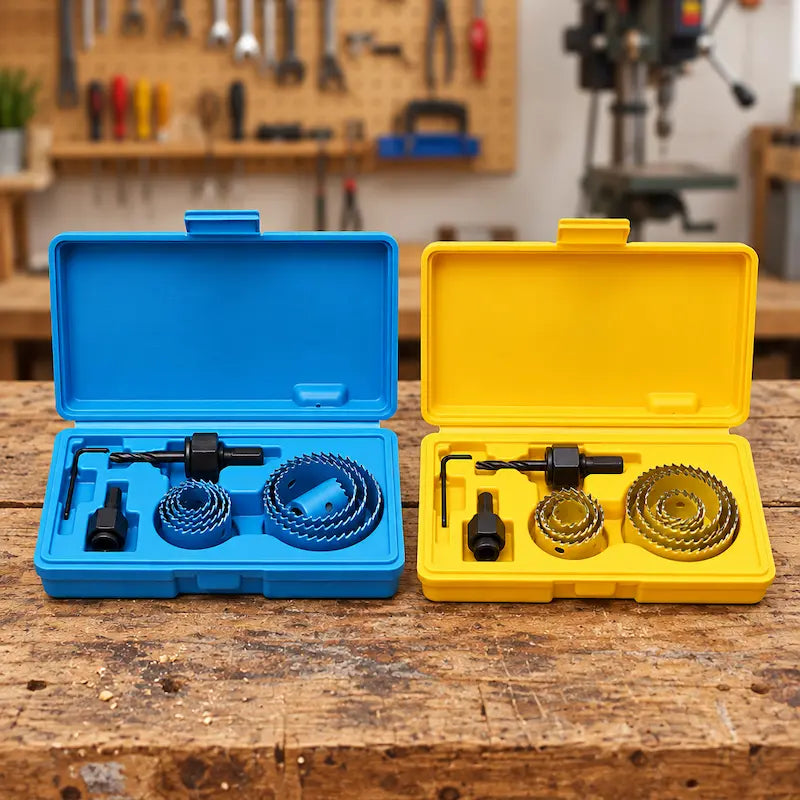 Coffret scie cloche bleu et jaune sur établi