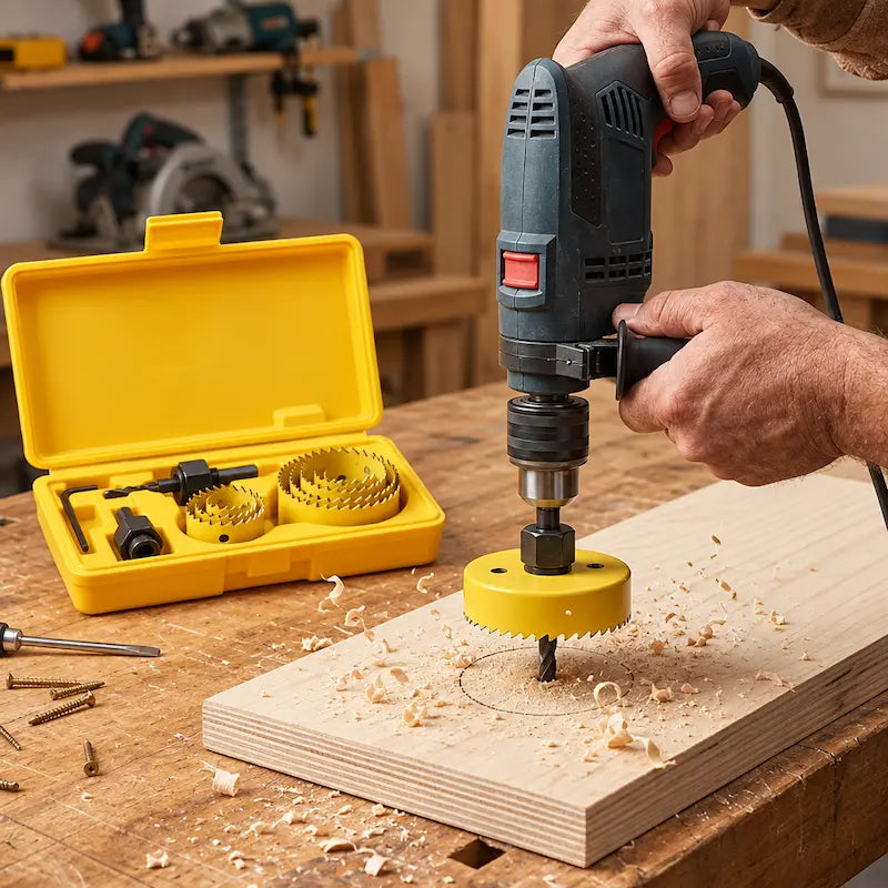 Coffret scie cloche jaune coupe planche en atelier