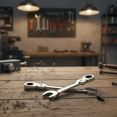 deux clé à cliquet plate sur table bois atelier