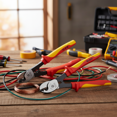 Deux pince coupante electricien sur table établi
