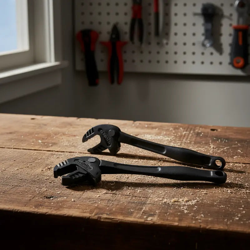 Duo clé à griffe sur établi bois atelier