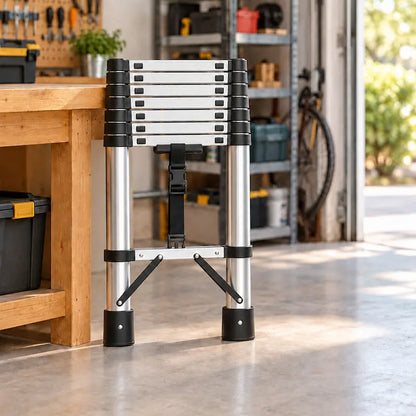 echelle telescopique aluminium rétractée dans garage