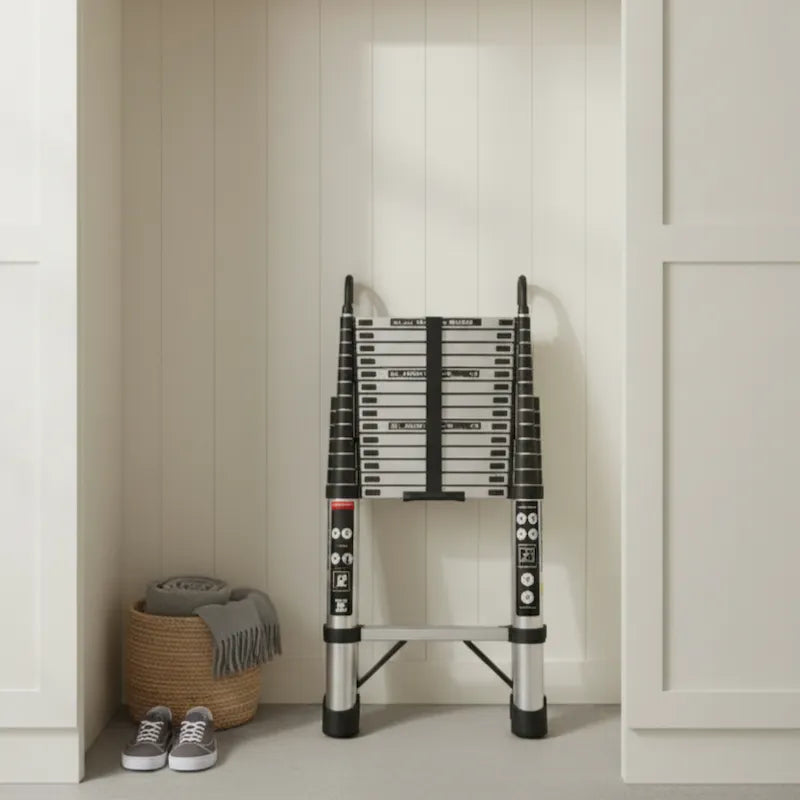Échelle télescopique compact rangée dans garde-robe