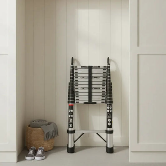 Échelle télescopique compact rangée dans garde-robe