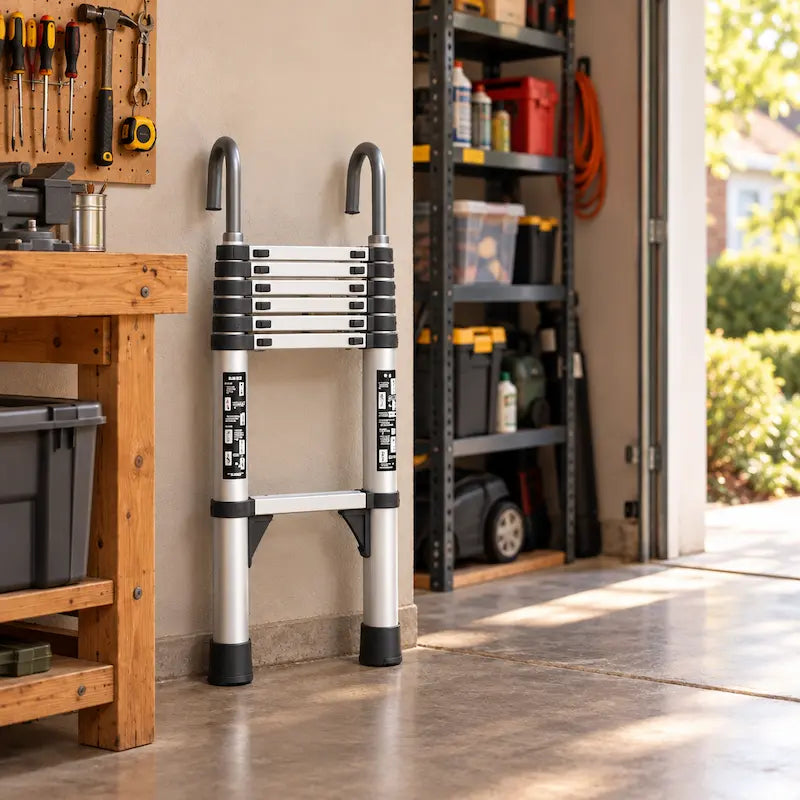 echelle telescopique rétractée rangée dans garage