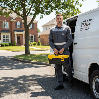 Électricien avec boite a outils devant fourgon