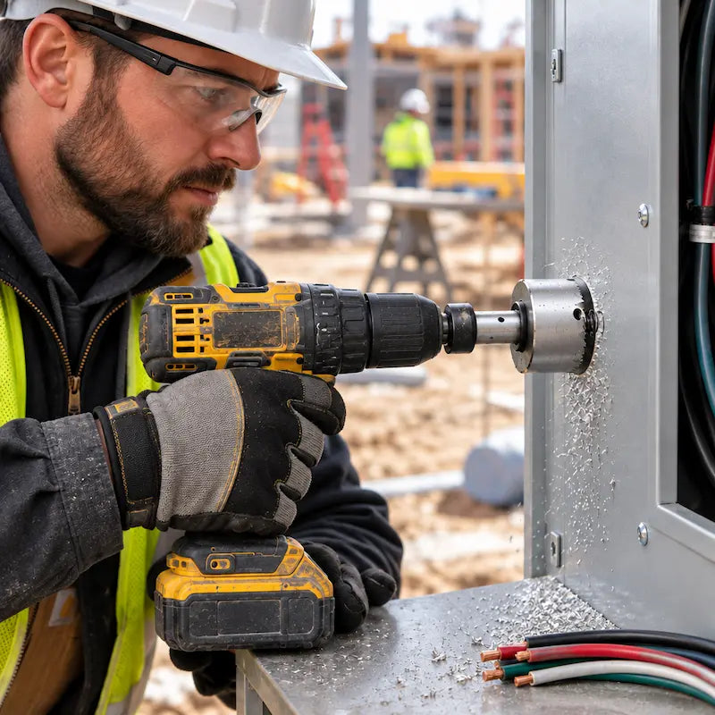 Électricien perçant aluminium avec scie cloche pour acier