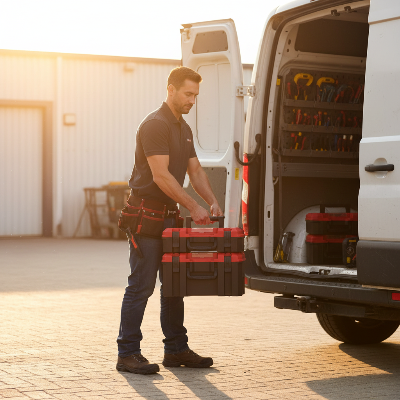 Électricien range caisse a outils plastique dans camion