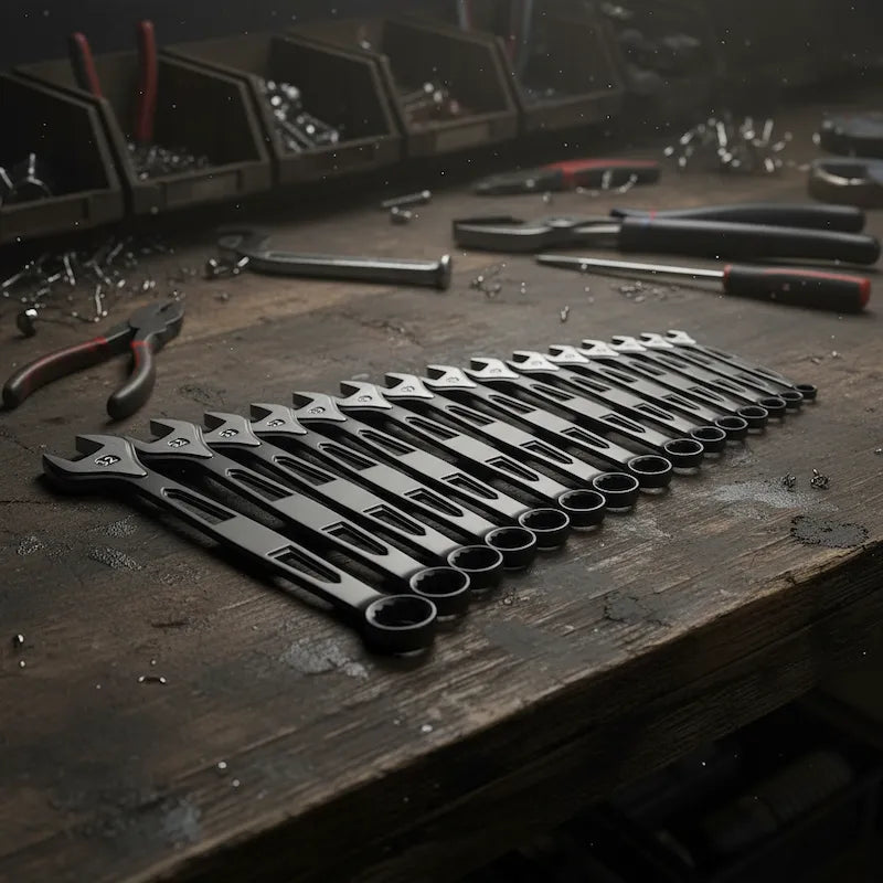 Ensemble clés plates sur établi bois