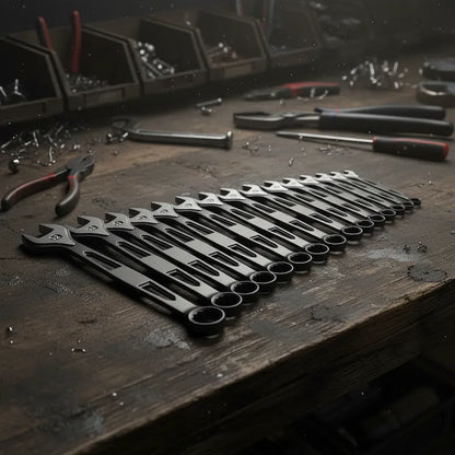 Ensemble clés plates sur établi bois