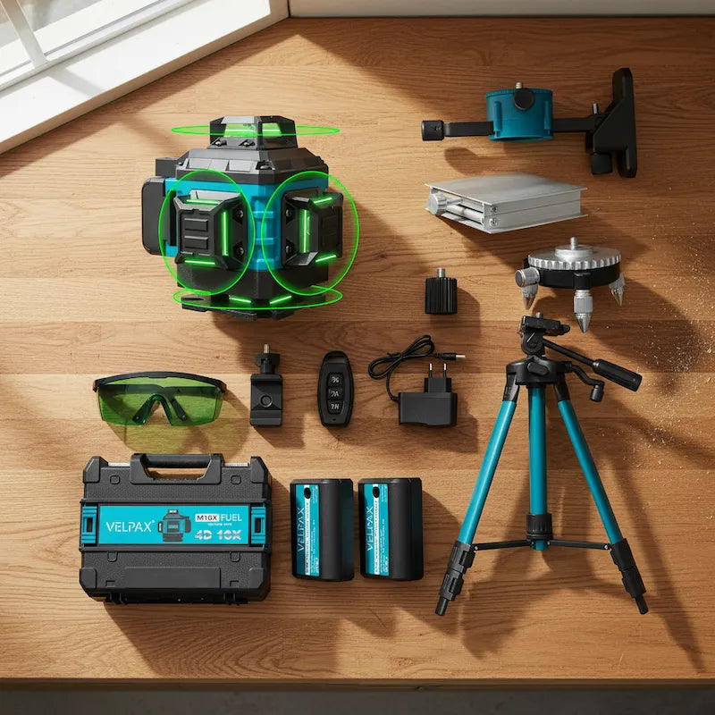 Ensemble niveau laser 360 sur établi bois