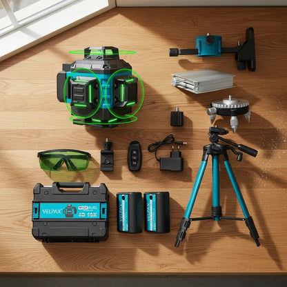 Ensemble niveau laser 360 sur établi bois