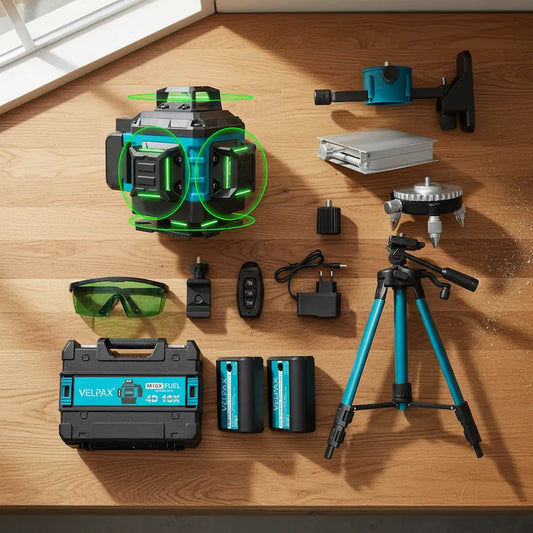 Ensemble niveau laser 360 sur établi bois