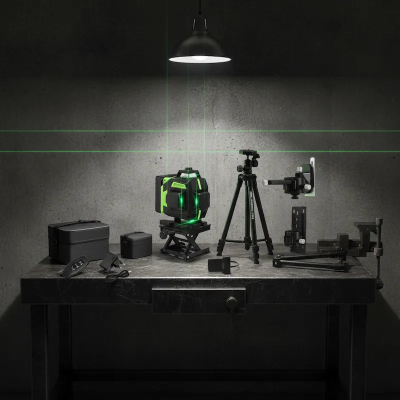 Ensemble niveau laser 360 sur établi industriel