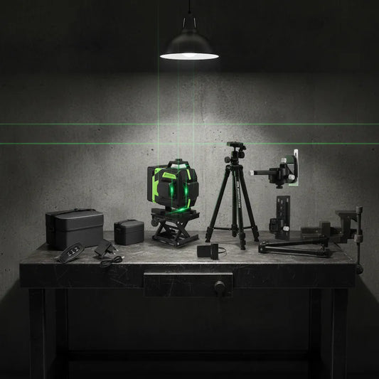 Ensemble niveau laser 360 sur établi industriel