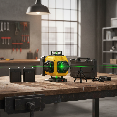 Ensemble niveau laser-trepied sur établi bois atelier