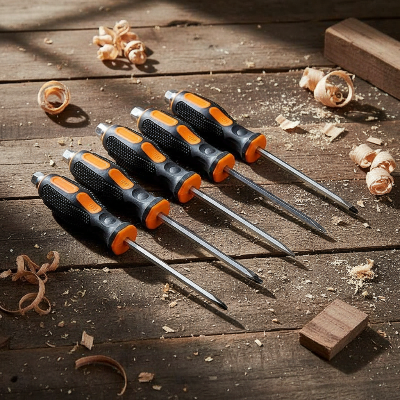 Ensemble tournevis a frapper sur établi de bois