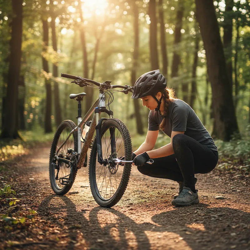 Femme ajuste roue vélo avec coffret clé plate à cliquet