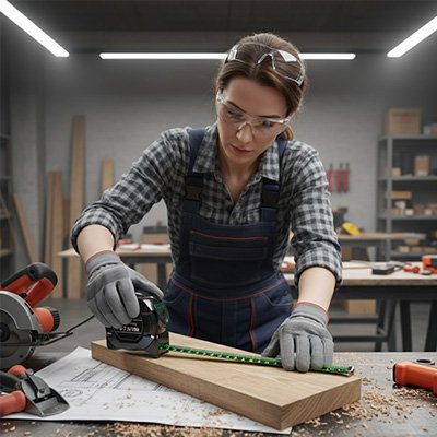 femme construit tablette avec metre ruban 10m