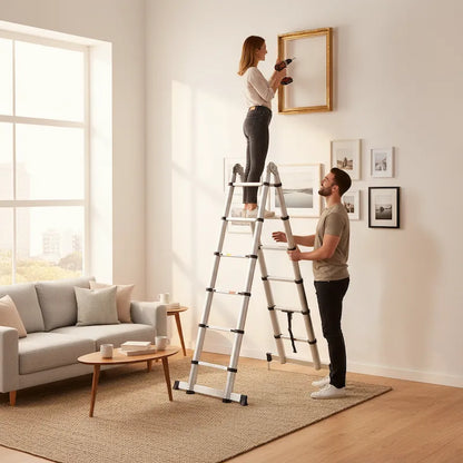 Femme et conjoint installe cadre hauteur avec echelle telescopique